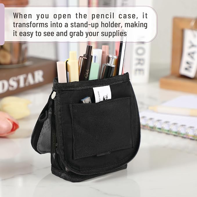 Mr. Pen- Standing Pencil Case Pouch, Sit & Lay Mesh-View Design | Black & Gray, Interior Pocket & 2 Elastic Binder Loops, Cute Pencil Case for Girls and Boys
