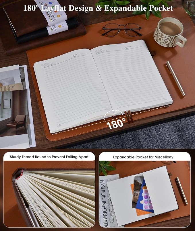 Lined Leather Journal Notebook for Men Women, Hardcover Journals with 256 Numbered Pages, B5 Journaling Notebooks for Writing, 100GSM Thick Ruled Paper for Business Work School 7.6"×10", Brown