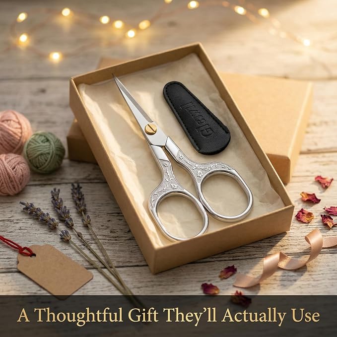 Silver Stainless Steel Scissors with Leather Cover, 5" Sharp Embroidery Scissors for Precise Cutting, Ultra-Sharp Vintage Needlepoint Snips for Yarn, Fabric & Crafts, Professional Metal Crafting Tool