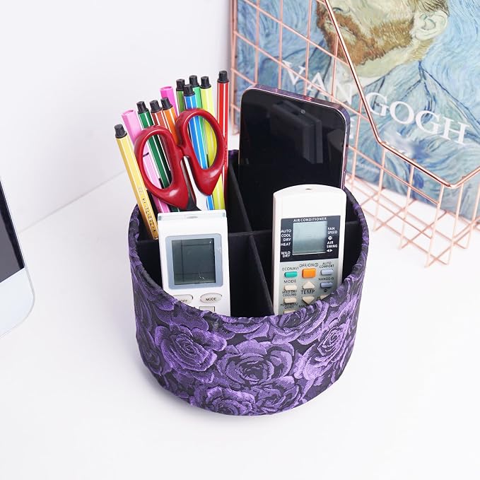 Round Leather Art Supply Organizer,Remote Control Holder,360 Degree Rotating,Multi-Functional Pencil Holder,4 Compartments Desktop Stationary Organizer(1-3D Rose Purple)