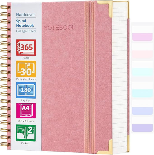 Spiral Notebook, 365 Page Hardcover College Ruled Notebook, 8.5" x 11", Large Leather Notebook Journal for Men Women, A4 Notebooks for Work School Notes, Journals for Writing, 24pcs Index Tabs, Pink
