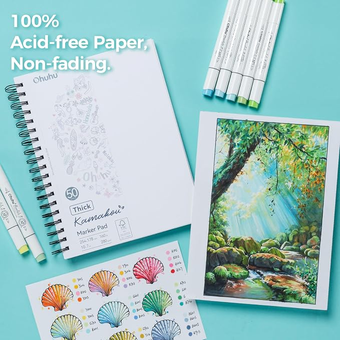 Ohuhu 7"x10" Double-Sided Bleedproof Marker Pad Art Sketchbook 50 Sheets | Large Sketch Book - 160 LB/280 GSM Smooth Drawing Paper - 50 Sheets/100 Pages - Spiral-Bound Sketch Pad for Alcohol Markers