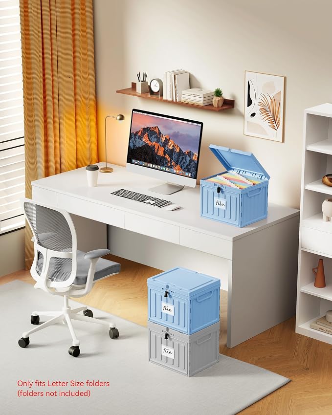 Oterri Lockable Plastic File Box with Lid for Letter-Size | Hanging File Folders Not Included. Blue, Large 1-Pack. Home, Office, Classroom, Dorm, Tax, Under Bed, Filing Cabinet.