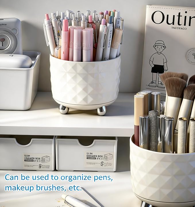 GOTOBA 360° Rotating Pencil Holder for Desk, Makeup Brush Holder with 6 Slots, Desk Organizer for Writing Utensil, Office and School Supplies (Milky White)