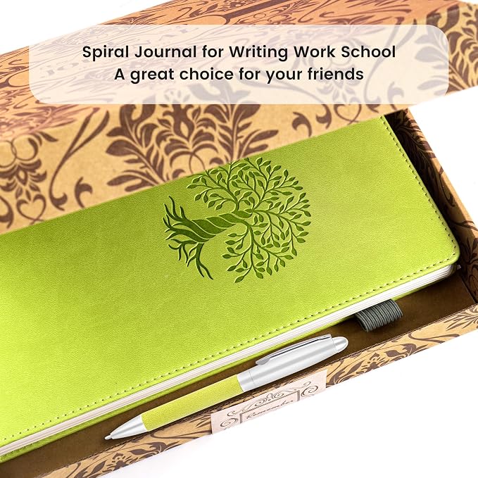 Spiral Notebook Wide Ruled Leather Journal for Women, 300 Pages, 7X10,Green | Large Notebooks for School Office, Note Taking Notebooks for Writing Lined Notebook with Tabs Pockets Pen Holder