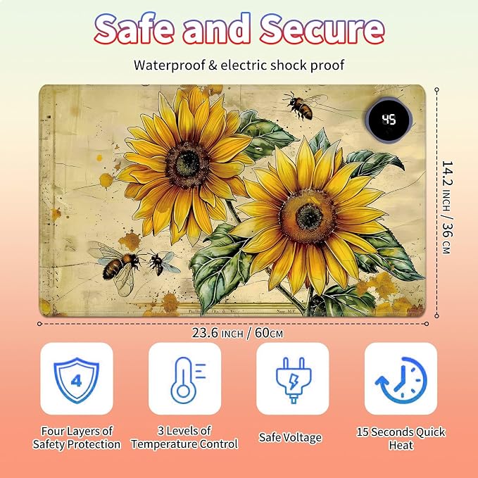 Heated Desk Pad Large Mouse Pad 23.6 x 14.1 inch with 3 Levels Heating & Auto Shut-Off Warm Mouse pad PU Leather Computer Mousepad for Home Office Work - Cute Bee Sunflower