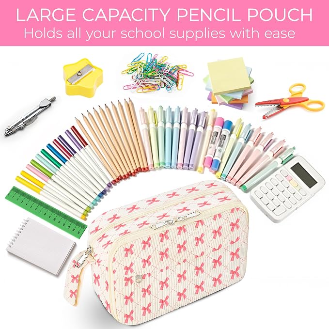 WOBAGMEN Cute Pencil Case,Large Corduroy Zippered Pencil Case Pouch, aesthetic Pencil Bag with Compartments, Pencil Pouch School Supplies (HY-corduroy pc-pink bow)