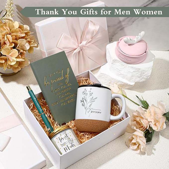 Sayglossy 4 Pcs Thank You Gift Set for Women Men Back to School Teacher Appreciation Gift Leather Notebook Inspirational Coffee Mug Scented Candle Ballpoint Pen for Employee Coworker Nurse Boss, Green