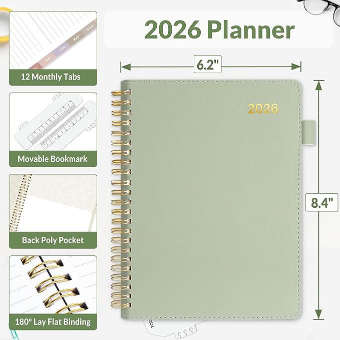 SUNEE 2026 Weekly & Monthly Planner 6.2"x8.5"- 12 Month (January 2026 - December 2026), Vegan Leather Cover, Pocket, Bookmark, Notes, Monthly Tab, Sage Green