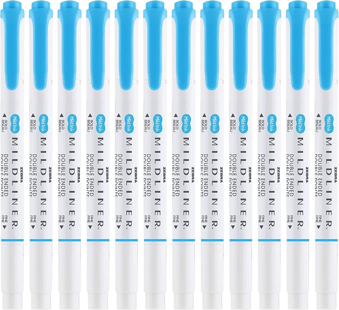 Zebra Pen MILDLINER No Bleed Highlighter, Cyan Color, Dual Tip, 12-Pack | Broad and Fine Point Tip Marker Set, Ideal for Bible Highlighting, Journaling, Office, School and Teacher Supplies (78560upc)