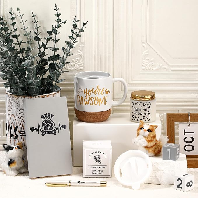 Sayglossy 4 Pcs Veterinary Gift Set Thank You Gift for Vet Tech Veterinary Assistant Animal Lover Pet Groomers Dog Sitter Trainer Paw Print Notebook Coffee Mug Scented Candle Pen for Vet Tech Week