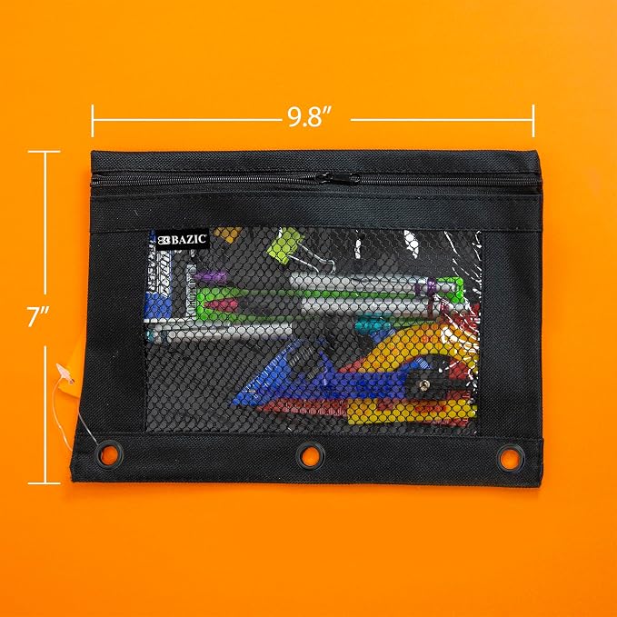 BAZIC Pencil Pouch 3 Ring Binder Pouch w/Rivet Enforced Rings Holes, Mesh Window, Zipper Pouches Cosmetic Bag, Black Color, 1-Count | clear mesh window and a zipper closure for pens, pencils, supplies