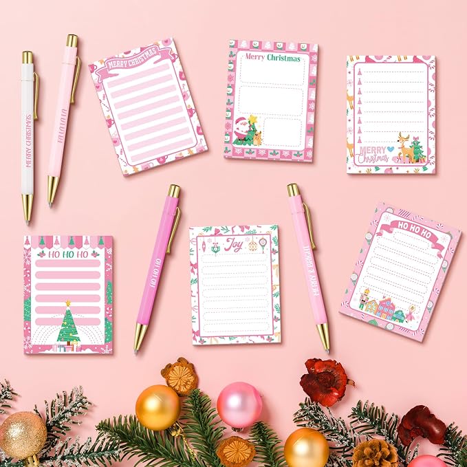 Eaasty 48 Pcs Pink Christmas Notepads and Ballpoint Pens Pink Christmas Gifts Bulk Cute Xmas Notebook Appreciation Gifts for Women Teachers Coworkers Employee Students Office