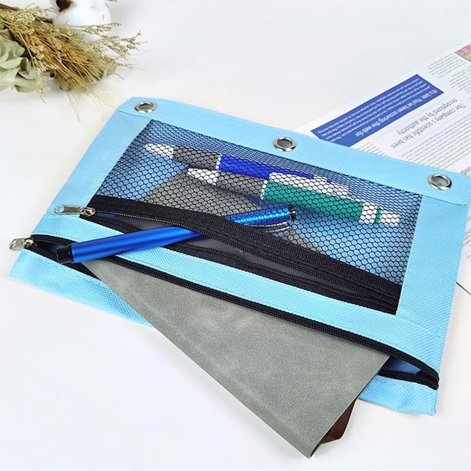 Pencil Pouch for 3 Ring Binder - 3 Hole Zipper Pen Case Bag Holder Bulk Accessories Clear Window Aesthetic Organizer Pockets
