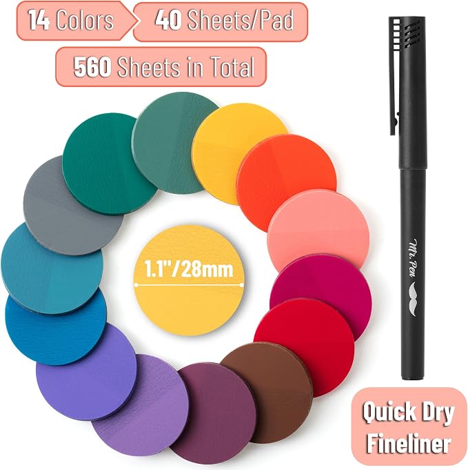 Mr. Pen- Round Transparent Sticky Notes, 1.1” Diameter, 14 Pads, 560 Sheets | Colorful, Water-Resistant See-Through Sticky Notes & Fineliner, Smooth Writing, Note Tabs for Bible Journaling, Studying