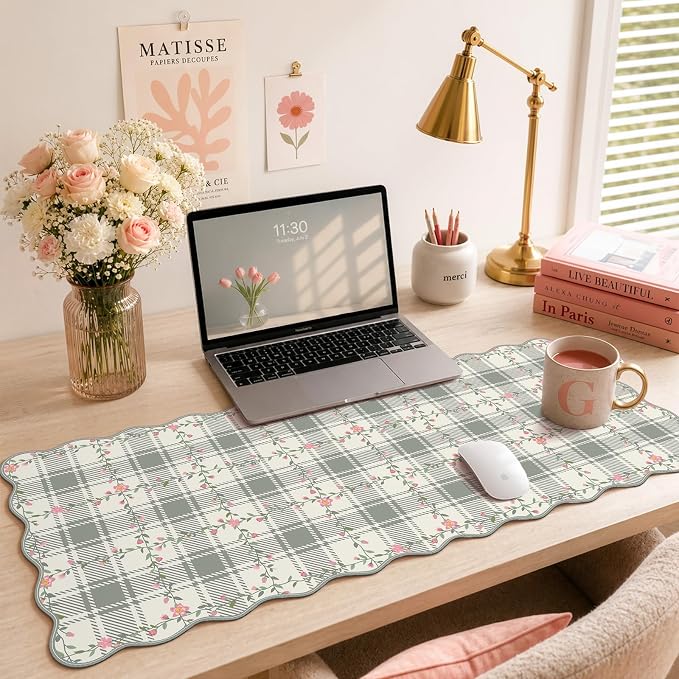 iCasso Leather Scalloped Checkered Desk Mat, XXL Flower Mouse Pad, Back to School Desk Matt for Desktop, Anti-Slip Big Cute Mousepad with Stitched Edges for Home Office Decor (Light Green)