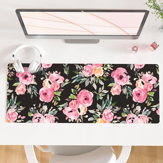 QiyI Large Mouse Pad, Floral Desk Mat for Desktop, Women Girls Watercolor Pink Flowers Office Décor Desk Accessories, PU Leather Waterproof Gaming Mousepad, Black Desk Pad Computer Mat, 31.5" x 11.8"