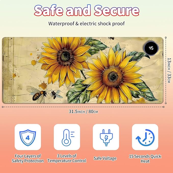 Heated Desk Pad Large Mouse Pad 31.5 x 13 inch with 3 Levels Heating & Auto Shut-Off Warm Mouse pad PU Leather Computer Mousepad for Home Office Work - Cute Bee Sunflower