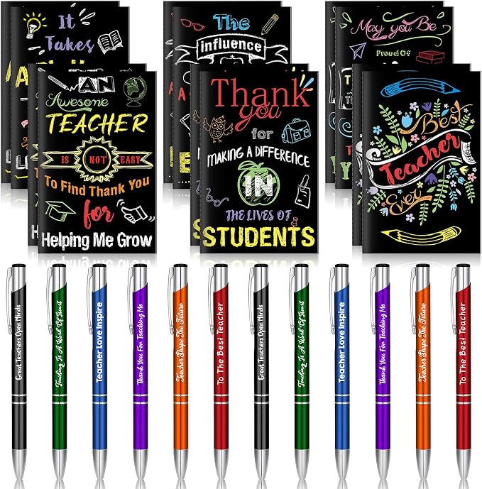 Geyee 24 Pcs Mini Motivational Pens Inspirational Notepads Bulk Appreciation Gifts Small Journals Funny Ballpoint Pen Set Prizes Men Women Office Travel Party Favors(Teacher)