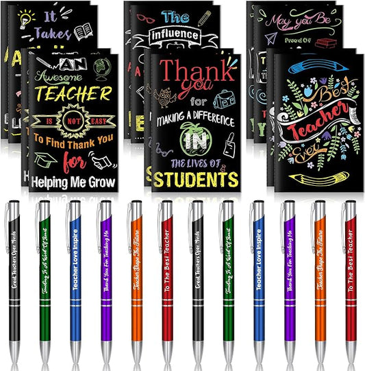 Geyee 24 Pcs Mini Motivational Pens Inspirational Notepads Bulk Appreciation Gifts Small Journals Funny Ballpoint Pen Set Prizes Men Women Office Travel Party Favors(Teacher)