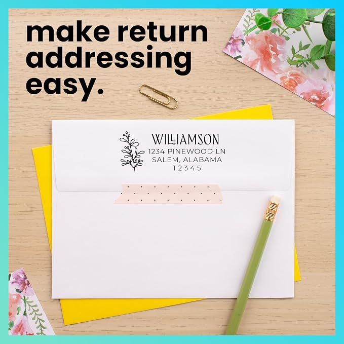 ExcelMark Address Stamp - Custom Return Address Stamp with Elegant Designs, Vibrant Colors & Patterns – Perfect for Mail, Invitations & Gifts (Pink, Foliage Edge)