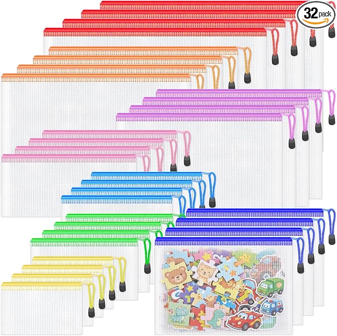 Smarpau 32pcs Mesh Zipper Pouch Bags with 8 Sizes 8 Colors Toy Storage Bags | Waterproof Clear Plastic Zipper Mesh Bags,Multipurpose Organizer for Puzzle Storage,Travel Storage,Board Game,School Offic