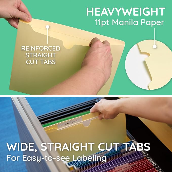 Blue Summit Supplies 100 File Jackets, Letter Size, Manila | Reinforced straight cut tab, 11pt, flat no expansion, for documents, mailing, and hanging file storage