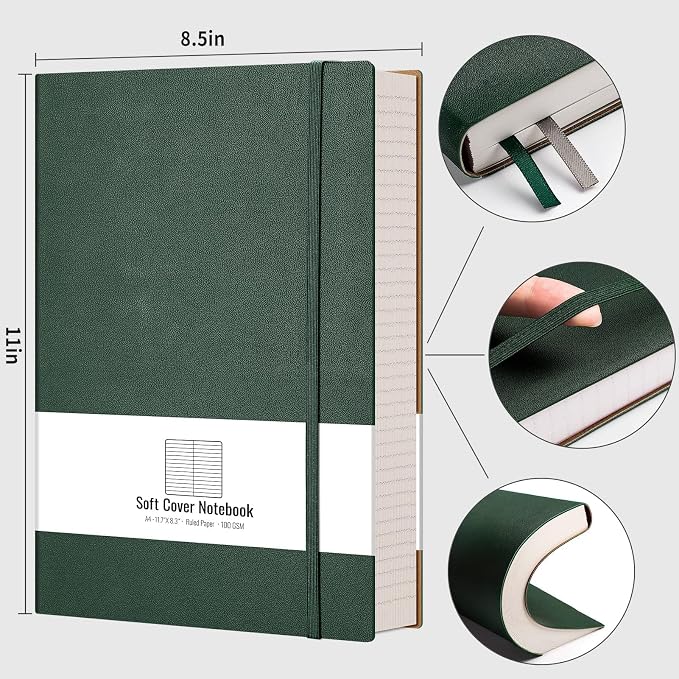 AHGXG College Ruled Notebook, 320 Pages, Large Journal A4 (8.5''×11') | Thick Lined Notebook for Note Taking, 100GSM Paper, Leather Softcover, for Women Men (Green)