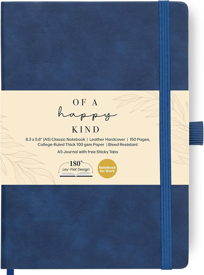 A5 Lined Leather Bound Writing Journal Blue Notebook 300 Pages 5.8x8.3" | Leather bound journal for men, journals for writing, mens notebook. Thick lined pages for work and daily journaling.