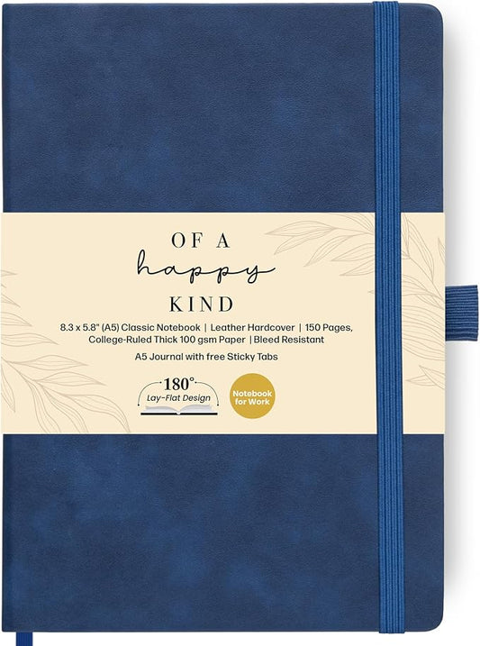 A5 Lined Leather Bound Writing Journal Blue Notebook 300 Pages 5.8x8.3" | Leather bound journal for men, journals for writing, mens notebook. Thick lined pages for work and daily journaling.