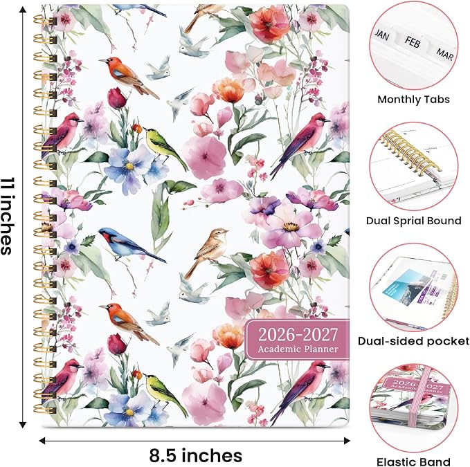 Academic Planner 2026-2027, Weekly and Monthly Calendar Book, July 2026 – June 2027, Hardcover Planner with Tabs, Perfect for Teachers, Students, Women & Men, A4 (8.5" x 11") - Songbird Bloom