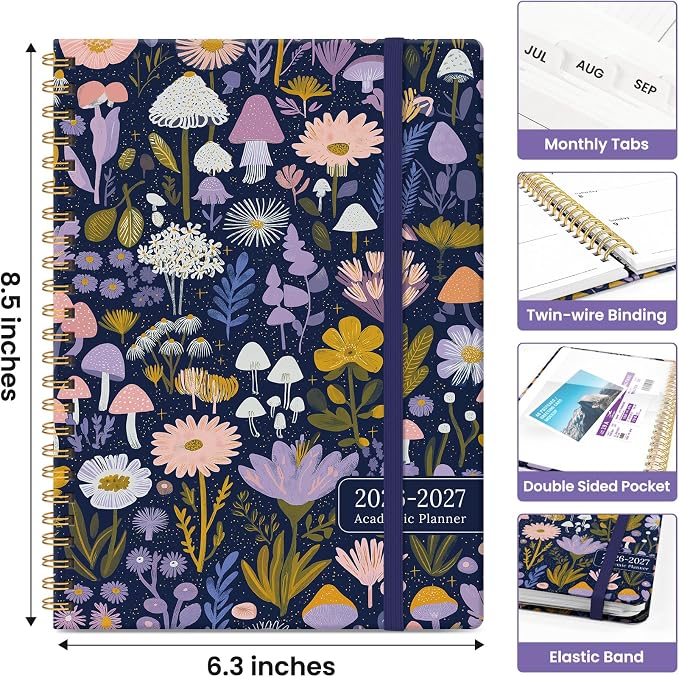 Planner 2026-2027, Academic Year Monthly and Weekly Calendar Planner, Jul 2026 - Jun 2027, Hardcover Teacher Student Planning Agenda book with Tabs, Perfect for School Office Supplies, 6.3" x 8.5" - Mushroom Garden