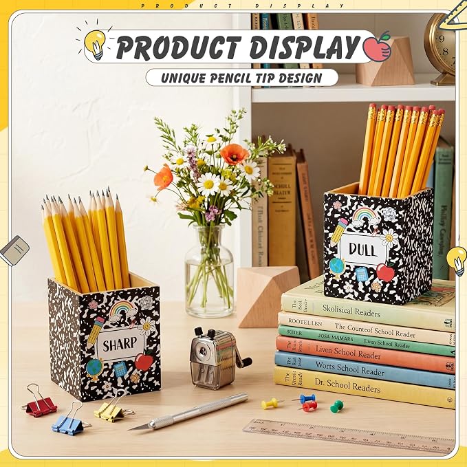 DoubleFill 2 Pcs Notebook Shaped Holder Sharp Dull Holder Wooden Dispenser Pencil Storage with Classic Composition Notebook Design for Back to School Teachers Classroom Organization Accessories