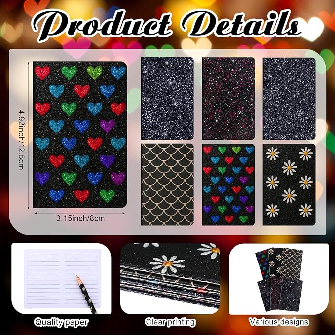 12 Set Cute Mini Notebook and Fancy Pen Gift Set for Women 6 Mini Glitter Pocket Notepad 6 Cute Sparkly Glitter Pen for Girl Office First Day of School Mother's Day Christmas Graduation(Black)