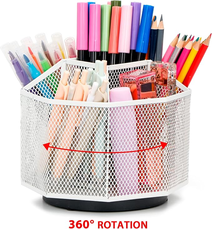 Exerz Desk Organizer 360 Rotating Pen Holder 5 Compartments Caddy White | Smooth Spinning Base with Open Mesh Sections Easy Access to Pens Brushes Scissors Daily Desk Tools