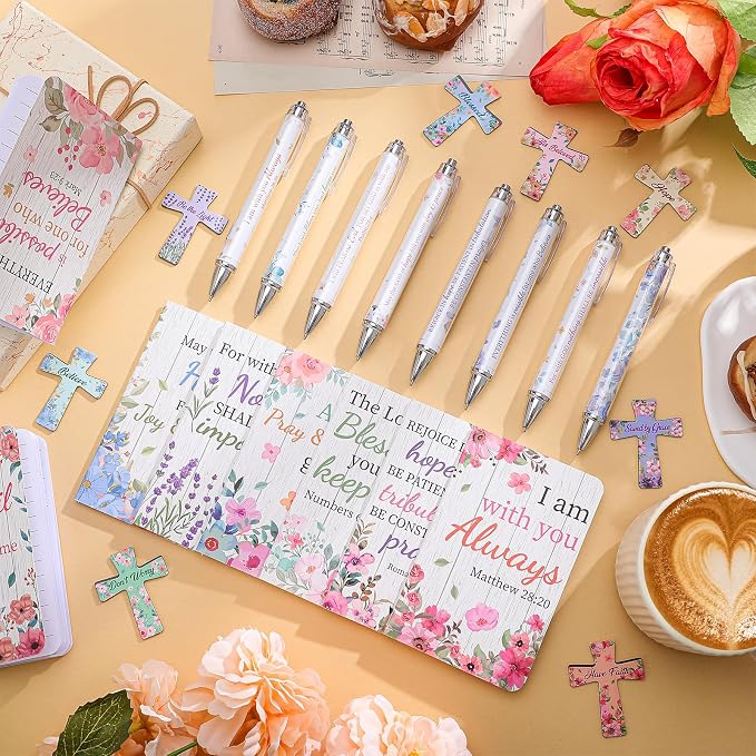 48 Pcs Flower Bible Verse Pens with Notebooks Christian Gifts for Women | Religious Notepad Christian Ballpoint Pen Cross Bookmarks Church Party Favors for Colleagues Coworker Office School Supplies