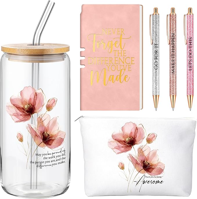 Funnymoom 6 Pcs Appreciation Gifts Set for Women Back to School Teacher Gifts Employee Thank You Gift with 17 oz Glass Tumbler Journal Pens and Pouch for Coworkers Educators,Floral,Pink