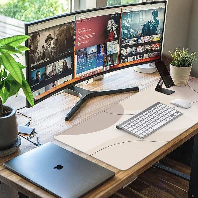iCasso Extended Gaming Mouse Pad (35.4x15.7 in), Large Stable Rubber Base Mousepad with Stitched Edges, Keyboard Mouse Mat Desk Pad for Work, Game, Office, Home-Brown Art Modern