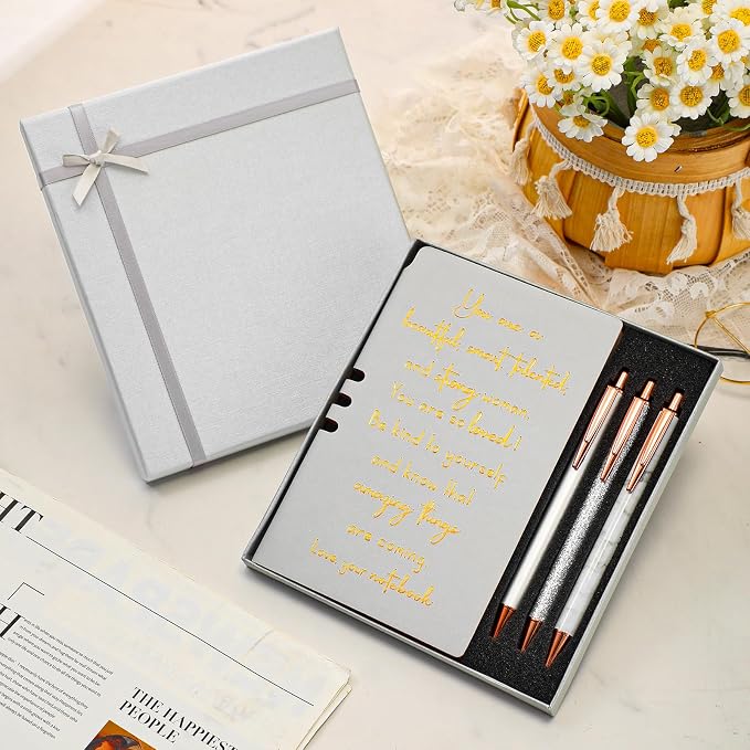 Resurhang 5 Pcs Inspirational Journal for Women Employee Appreciation Gift A6 Leather Journal Glitter Ballpoint Pen with Box for Back to School Teacher Coworker Female Secretary Nurse(Gray)