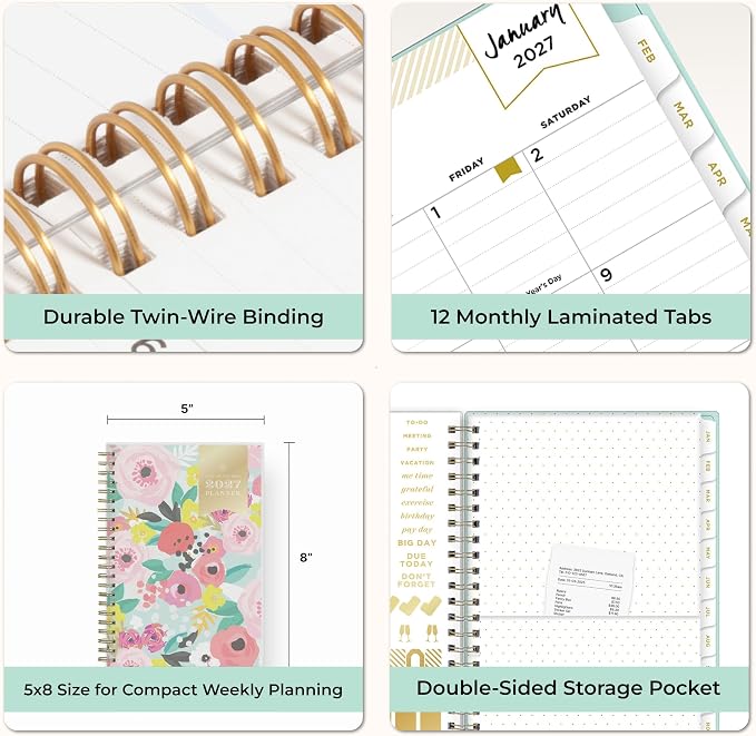 Blue Sky 2027 Weekly & Monthly Planner Calendar, 5"x8", Secret Garden Mint | January 2027 - December 2027, Flexible Cover, Durable Twin Wire Binding, Storage Pocket, Stickers, Day Designer