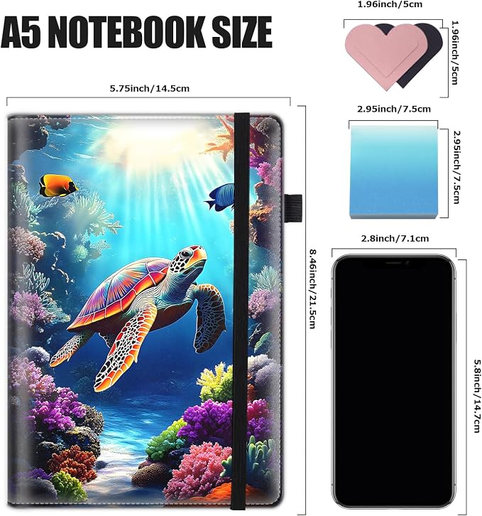 Hardcover Executive Notebooks, A5 PU Leather Lined Journal Notebook, 200 Pages Thick Paper Subject Notebooks for School,Work,Home Writing Business Notebook, Diary Book ， Sea Turtle Ocean