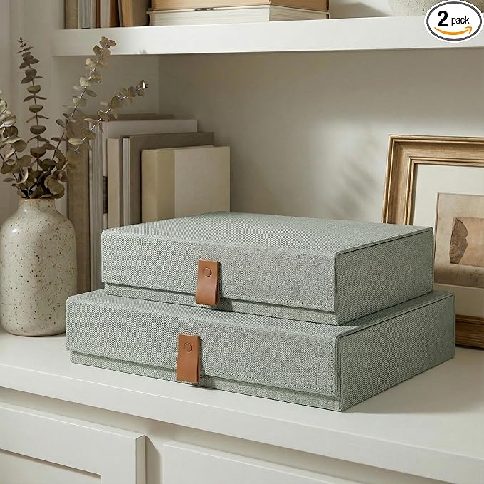 ZICOTO Decorative Photo Storage Boxes with Lids - Set of 2 Beautiful Linen Organizers Are Perfect to Safely Store Your Pictures, Documents, Scrapbooking Supplies, Keepsakes and Other Memories in Style