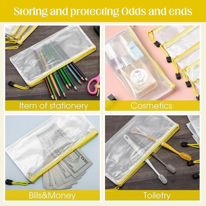 Handepo 100 Pack Mesh Zipper Pouch Pencil Pouches Bulk Clear Storage Bag Small Waterproof Purse Bag Multipurpose for Cash Board Game Passport Office(A6/9.45x4.53in,White Pouch Yellow Zipper)
