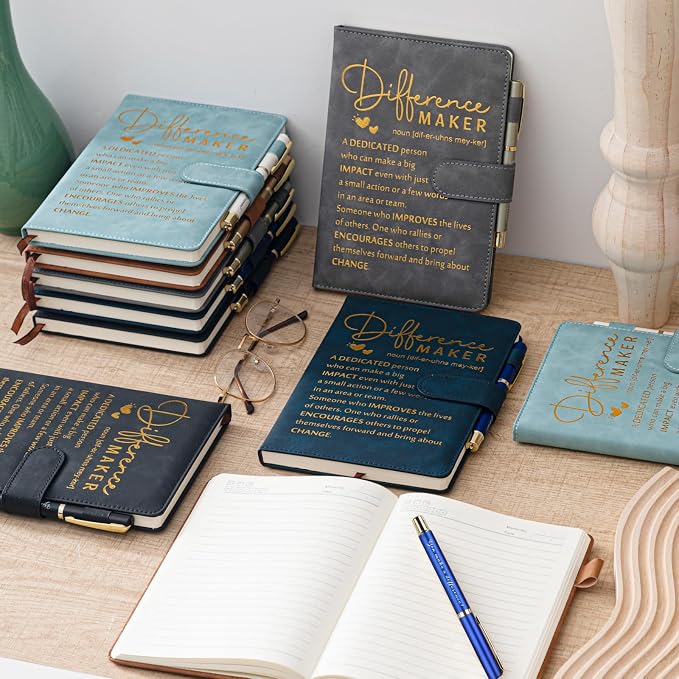 Kosiz 20 Pcs/10 Sets Employee Appreciation Gift Bulk A5 Leather Notebook Inspirational Journal Pen Thank You Gift for Men Women Coworker Teacher Office Back to School(Multicolor,Difference Maker)