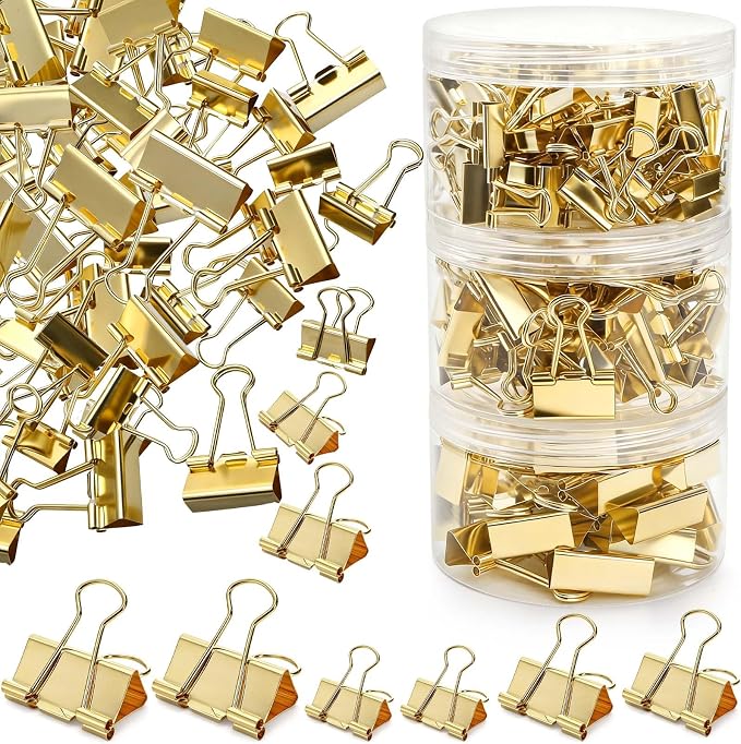 Fasmov 174 Pcs Gold Binder Clips Paper Clamps, Assorted Sizes Paper Clamps Clips (Small, Medium, Large), Office Clip with Container, Binder Clip for Office School and Home Supplies