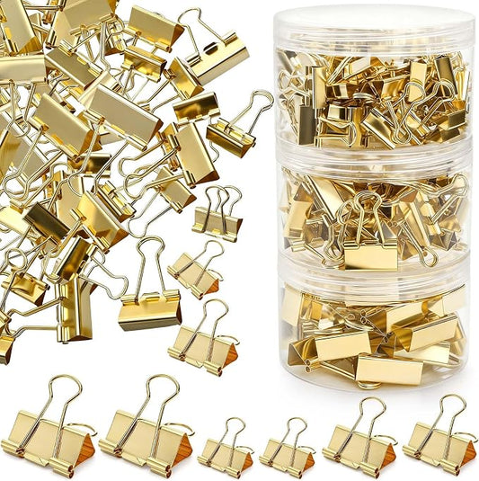 Fasmov 174 Pcs Gold Binder Clips Paper Clamps, Assorted Sizes Paper Clamps Clips (Small, Medium, Large), Office Clip with Container, Binder Clip for Office School and Home Supplies