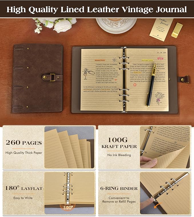 Leather Journal Notebook, A6 Size 5.3 x 7 inches 260 Pages Refillable Vintage Travel Notebook with Gift Box, 100 GSM Thick Lined Paper Journal Writing Diary Note Taking for Men and Women – Brown