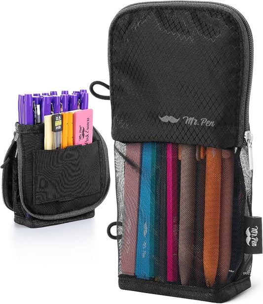 Mr. Pen- Standing Pencil Case Pouch, Sit & Lay Mesh-View Design | Black with Gray Zipper, Interior Pocket & 2 Elastic Binder Loops, Cute Pencil Case for Girls and Boys