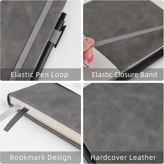 Notebooks Journal for Women Men 5 Pack Bulk Leather Hardcover with Pen Holder A5 160 Pages 100 GSM Thick Paper for Work School Lined Gray
