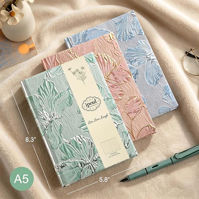 Flower Notebook, Hardcover, Lay Flat, A5, 6x8, Wide Ruled Pages, Writing Journal for Women, Pretty Notebook, Recipe Journal, Garden Journal, Gratitude Journal, Lily Gifts, Green